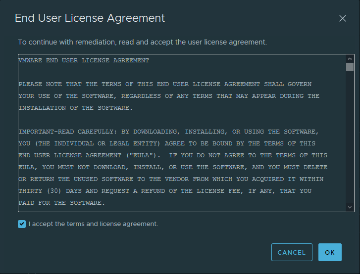 End User License Agreement 
To continue with remediation, read and accept the user license agreement 
END USER LICENSE AGREEMENT 
PLEASE NOTE THE OF THIS END USER LICENSE AGREEMENT SHALL GOVERN 
OUR USE OF THE SOFTWARE, REGARDLESS OF ANY MAY APPEAR DURING THE 
INSTALLATION OF THE SOFTWARE . 
IMPORTANT-READ CAREFULLY: BY DOVNLOADING, INSTALLING, OR USING THE SOFTWARE, 
OU (THE INDIVIDUAL OR LEGAL ENTITY) AGREE 20 BE BOUND BY THE OF THIS 
USER LICENSE AGREEMENT ("EULA" ) 
UN, YOU bWST NOT DOVNLOAD, INSTALL, 
R RETURN THE UNUSED SOFTWARE 20 THE 
IF YOU DO NOT AGREE 20 THE OF THIS 
OR USE THE SOFTWARE, YOU bWST DELETE 
VENDOR PROU WHICH YOU ACQUIRED 12 WITHIN 
HIRTY (30) DAYS REQUEST A REFUND OF THE LICENSE PEE, IF ANY, YOU 
PAID FOR THE SOFTWARE . 
accept the terms and license agreement. 
CANCEL 